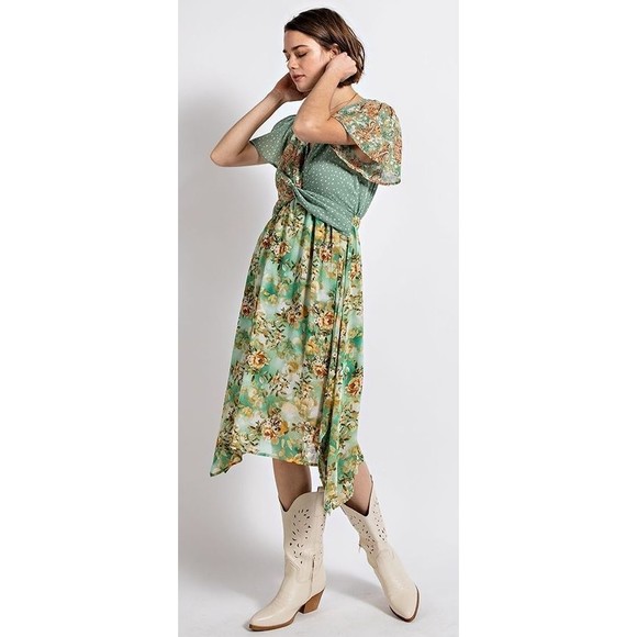 New Gigio Size M L Green Floral Dot Print Twist Waist Asymmetrical Dress - Picture 6 of 6